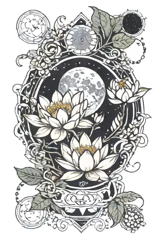 moon phases, lotus flower, hiking trail winding tattoo design idea