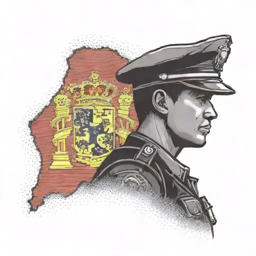 A silhouette of a police officer standing proudly in front of the Spanish flag, with a subtle nod to the Justicia statue in the background tattoo design idea