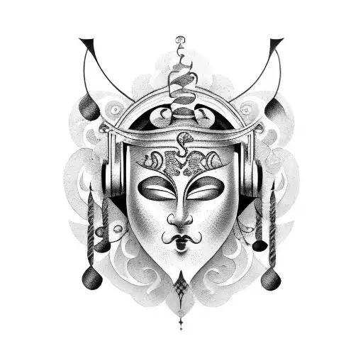 An Italian opera mask surrounded by musical notes tattoo design idea
