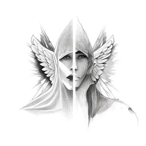 two people in half: a bad angel and a good demon tattoo design idea