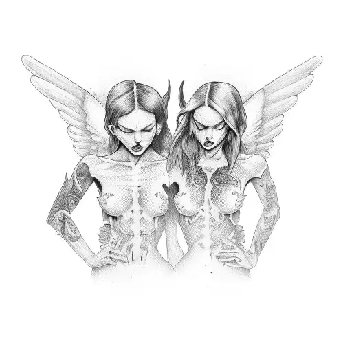 two people in half: a bad angel and a good demon tattoo design idea