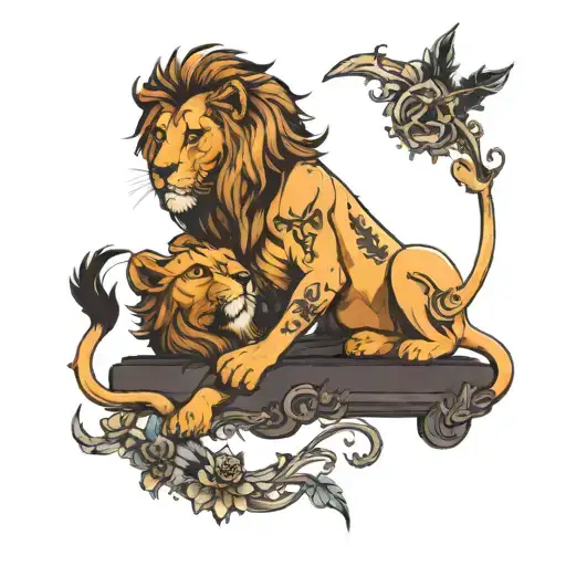 tattoo with male lion and litle lion witch is biting his eyer tattoo design idea