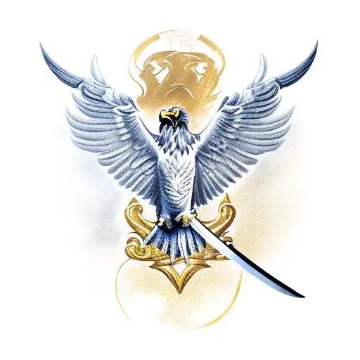 A majestic golden eagle with outstretched wings, clutching a Roman sword in its talons tattoo design idea