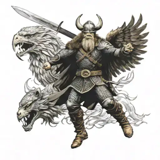 A fierce Viking warrior wielding a sword in battle, with a majestic eagle flying overhead tattoo design idea