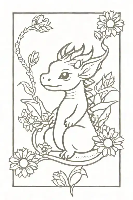 omamori baby dragon with daisy crown surrounded tattoo design idea
