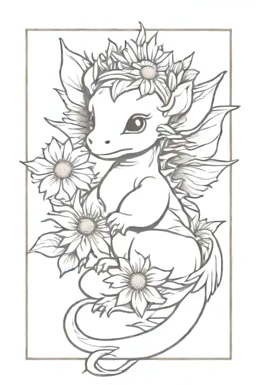 baby dragon with daisy flower crown made tattoo design idea
