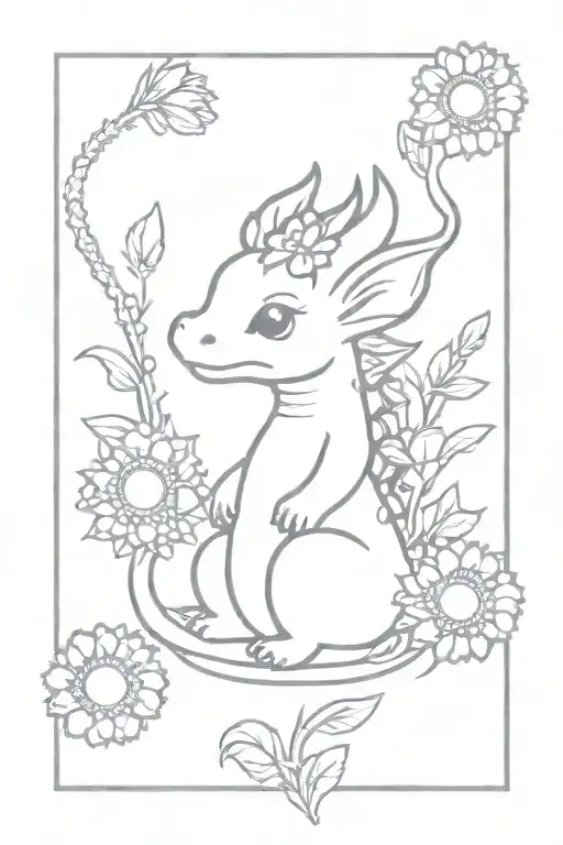 omamori baby dragon with daisy crown surrounded tattoo design idea