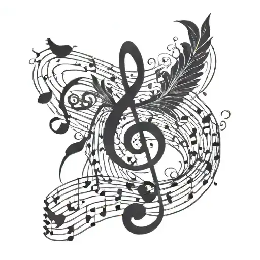 An intricate blackwork tattoo of a music staff with birds perched on the notes tattoo design idea