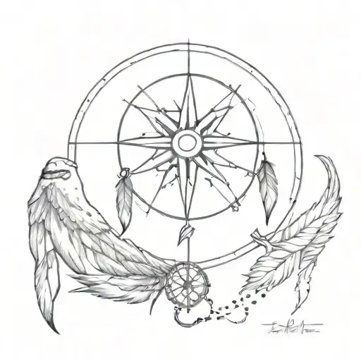 Compass with wings and a dream catcher tattoo design idea