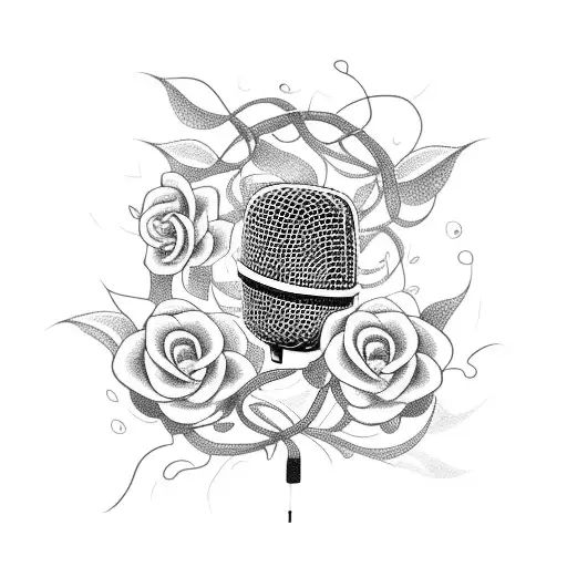 A microphone entwined with vines and flowers, with a silhouette of a singer performing on stage tattoo design idea