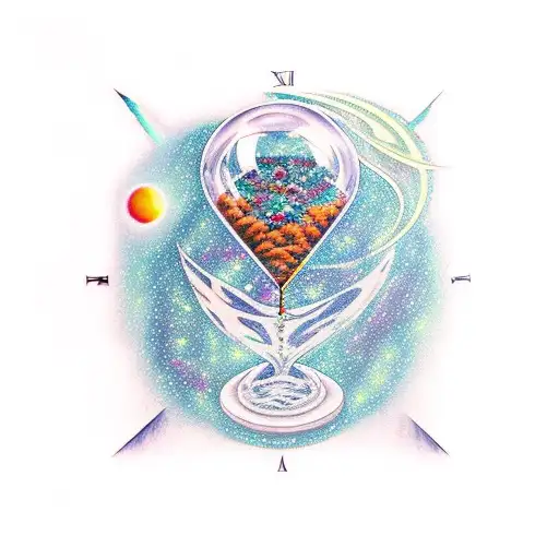 shattered hourglass with the universe escaping from the top side and an arid ladscape on the bottom tattoo design idea