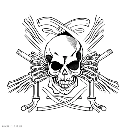 skeleton smoking a ciggerette laying in a gothic arch window  tattoo design idea