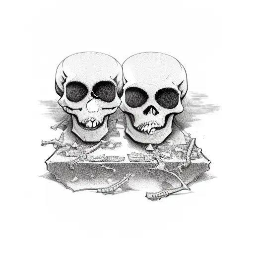 a rich skeleton and a poor skeleton, sitting next to each other in front of their own headstones. tattoo design idea