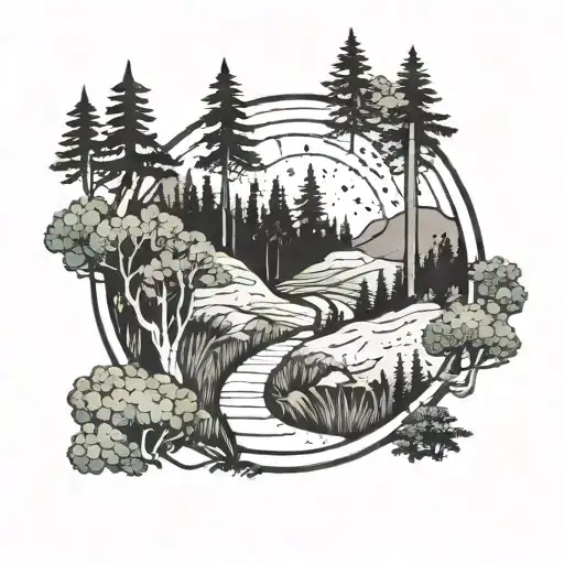 A serene hiking trail winding through a forest with a hidden hula hoop design tattoo design idea