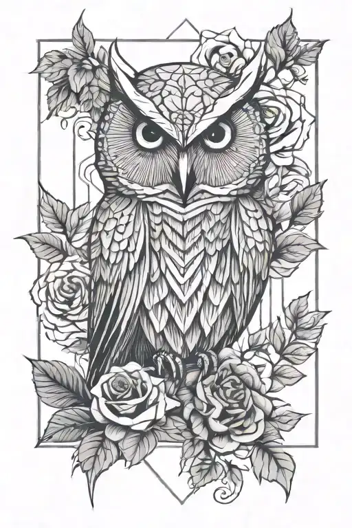 owl,rose and line tattoo design idea