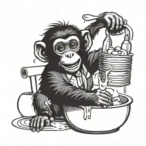 a happy  monkey washing the dishes  the monkey is in suit  tattoo design idea
