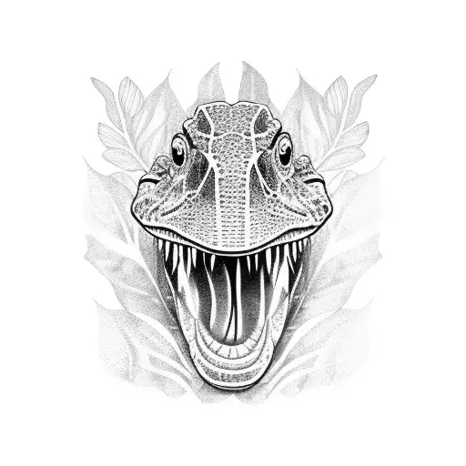 realistic caiman, background leaves jungle, bold lines tattoo design idea