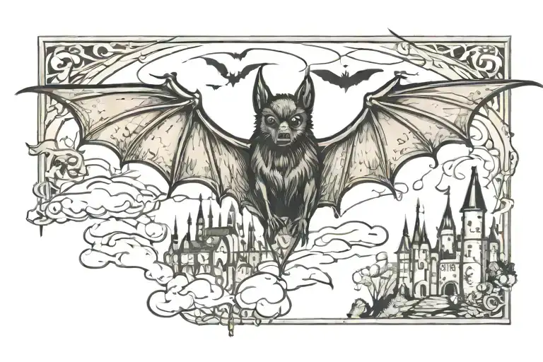 gothic bat flying with background castle and gothic shapes tattoo design idea