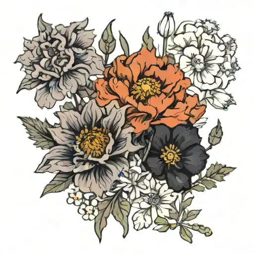 a marigold flower, a larkspur flower, a poppy flower, and a narcissus flower arranged like the Cassiopeia constellation tattoo design idea
