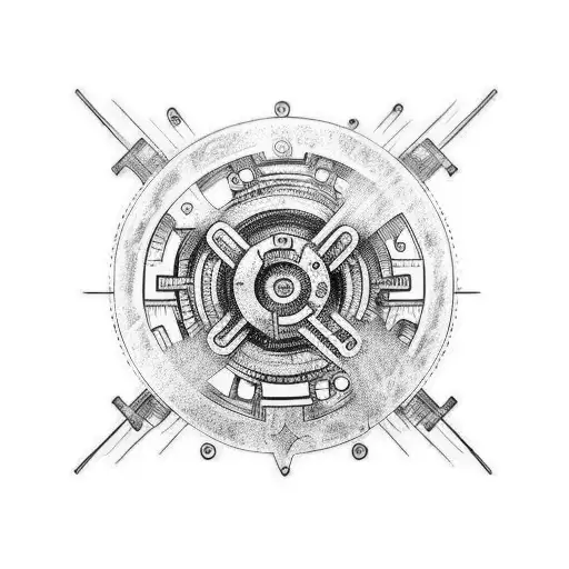 A tattoo with a mechanical gear and the text NTS tattoo design idea