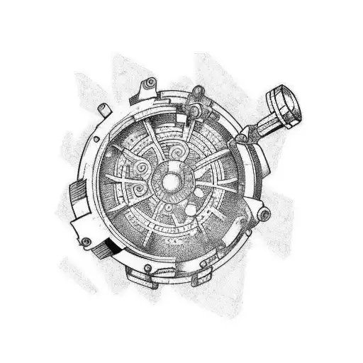 A tattoo with a mechanical gear and the text NTS tattoo design idea