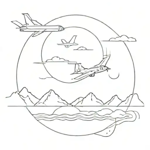 mountains in the background under the mountains sea with waves and a plane flying over the sea tattoo design idea