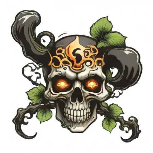 Black skull with a figure eight in the forehead and smoldering clover in the teeth tattoo design idea