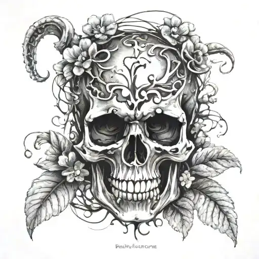 Black skull with a figure eight in the forehead and smoldering clover in the teeth tattoo design idea