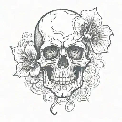 Black skull with a figure eight in the forehead and smoldering clover in the teeth tattoo design idea