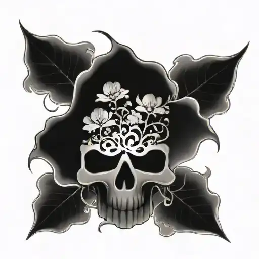 Black skull with a figure eight in the forehead and smoldering clover in the teeth tattoo design idea