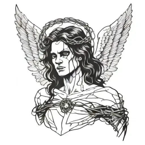A sinister looking angel with black wings and a halo made of barbed wire tattoo design idea