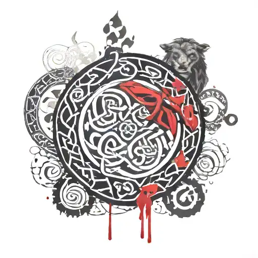 Celtic first names Loënn and Elwan with symbolic images + astrological sign Leo and Cancer tattoo design idea