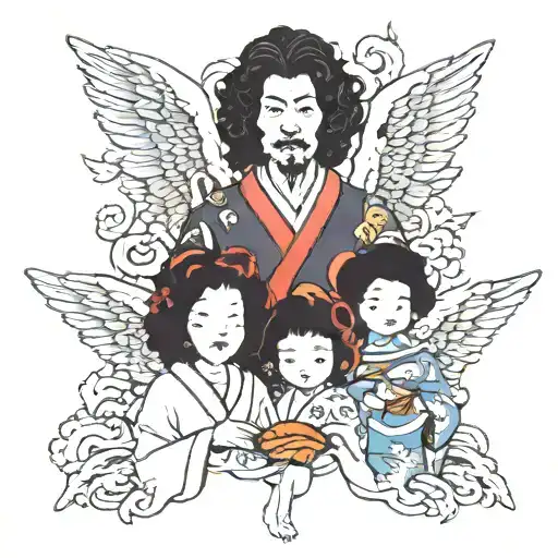 Japanese family with a black angel with curly hair pointing up tattoo design idea