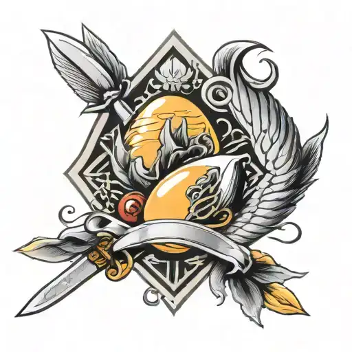 japanese chef knives crossing an egg in the center as a crest tattoo design idea