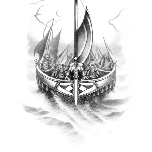 A dark and mysterious Viking longship navigating through stormy waters tattoo design idea