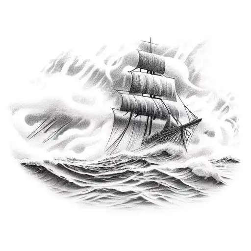 A dark and mysterious Viking longship navigating through stormy waters tattoo design idea