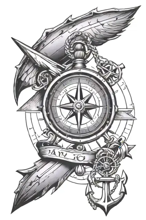 compass with airplane and an anchor with spartan traits tattoo design idea
