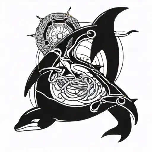 crossed navy anchors with squid and killer whale swimming tattoo design idea