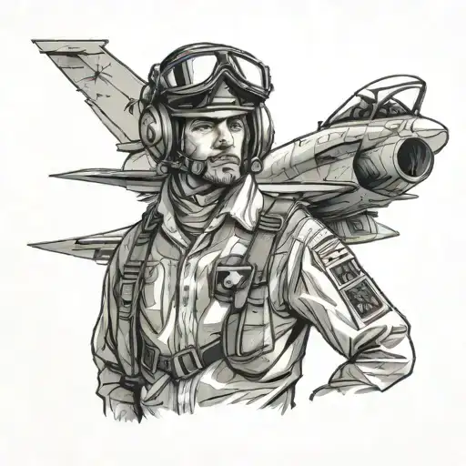 A pilot in full military uniform standing in front of a fighter jet tattoo design idea