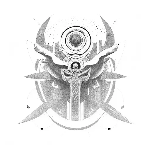 An abstract representation of technology merging with biblical imagery tattoo design idea