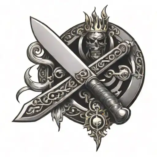 A chef's knife crossed with a sword, surrounded by metal music symbols tattoo design idea