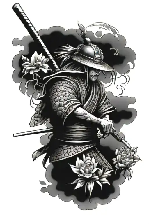 samurai warrior in a garden scene with flowers tattoo design idea