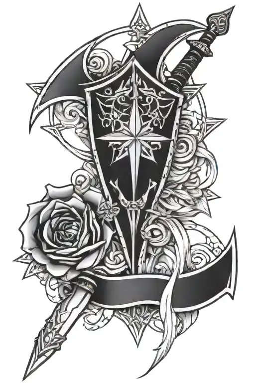 Shield Sword Star Rose Viking warrior tattoo design idea