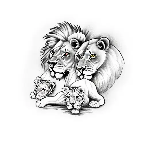 lion, lioness and two lion cubs tattoo design idea