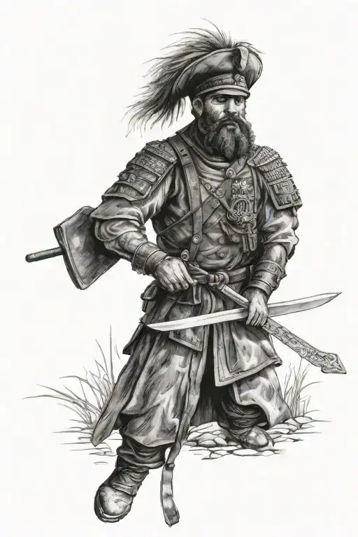 Motanka doll, a national Ukrainian hero, with a sword in his hands, and also in military attire, with his eye tied with a cross tattoo design idea