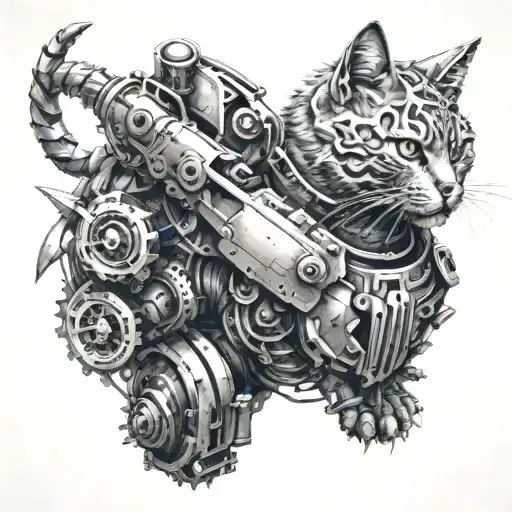 mechanical cat warrior tattoo design idea