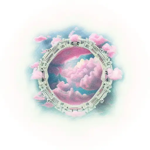 pink clouds inside the circle tattoo design idea