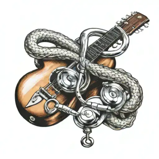 A stethoscope wrapped around a guitar neck, with a fish hook dangling from it tattoo design idea