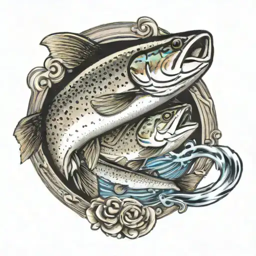 A realistic rainbow trout jumping out of a guitar sound hole tattoo design idea