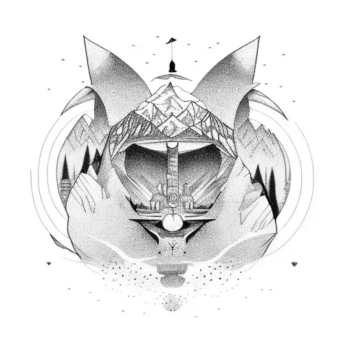 A surreal landscape where mountains transform into animals tattoo design idea